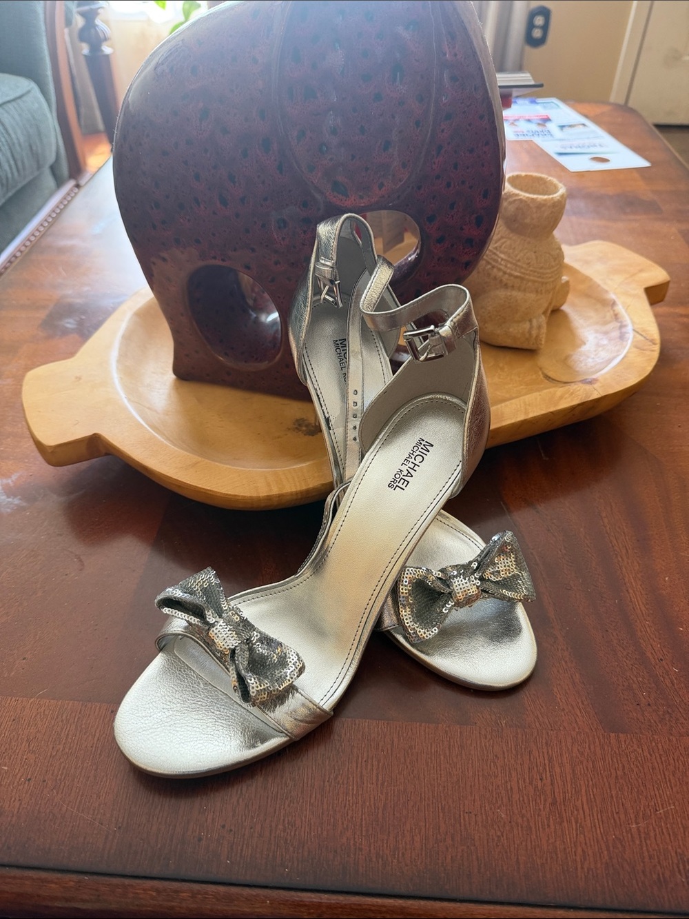 Michael Kors Silver Sequin Bow Ankle-Strap Heels